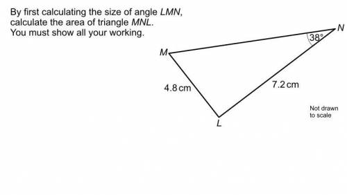 By first calculating the size of angle LMN, calculate the area of triangle MNL. You must show all y