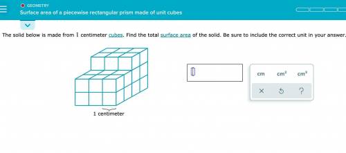 The solid below is made from 1 centimeter cubes. Find the total surface area of the solid. Be sure