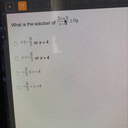 What’s is the solution of 3x + 8/ x-4 ) or equal to 0