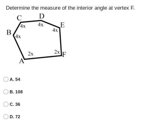 Determine the measure of the interior angle at vertex F
