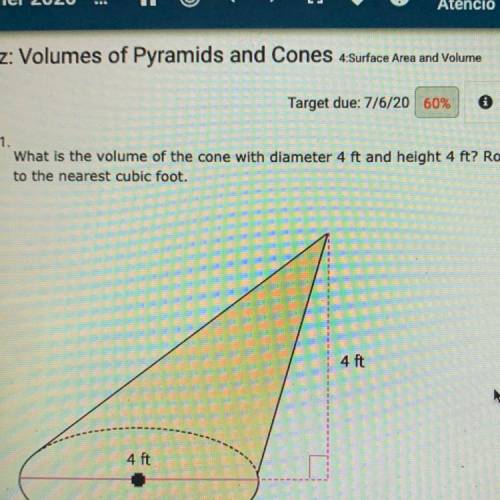 What is the volume of the cone with a diameter of 4ft and height 4ft round to the nearest cubic foo
