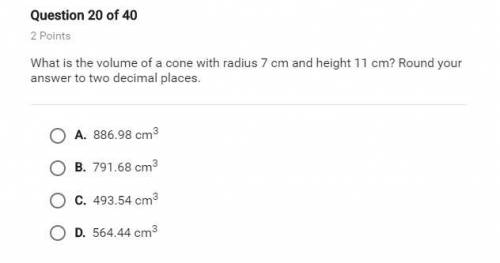 What is the volume of a cone with radius 7 cm and height 11 cm? Round your answer to two decimal pl
