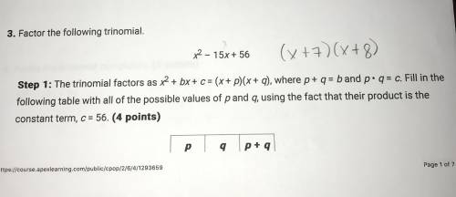 Can someone help me with this problem involving factoring a trinomial and filling in a table? Steps