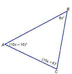 In Triangle A B C, what is the value of x? Triangle A B C. Angle A is (10 x minus 10) degrees, angl