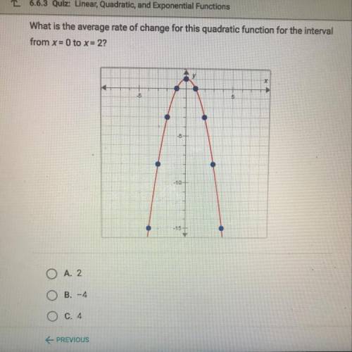 What is the average rate of change for the quadratic function for the interval from X = 0 to x = 2?