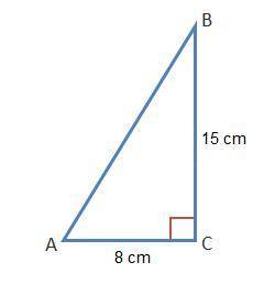 What is the length of the hypotenuse of the triangle? Triangle A B C. Side A C is 8 centimeters and