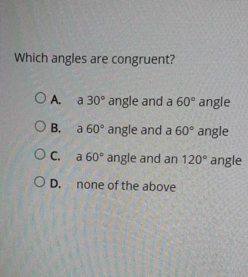 Which angles are congruent?

O A. na 30° angle and a 60° angleOB.a 60° angle and a 60° angleOc.a 6