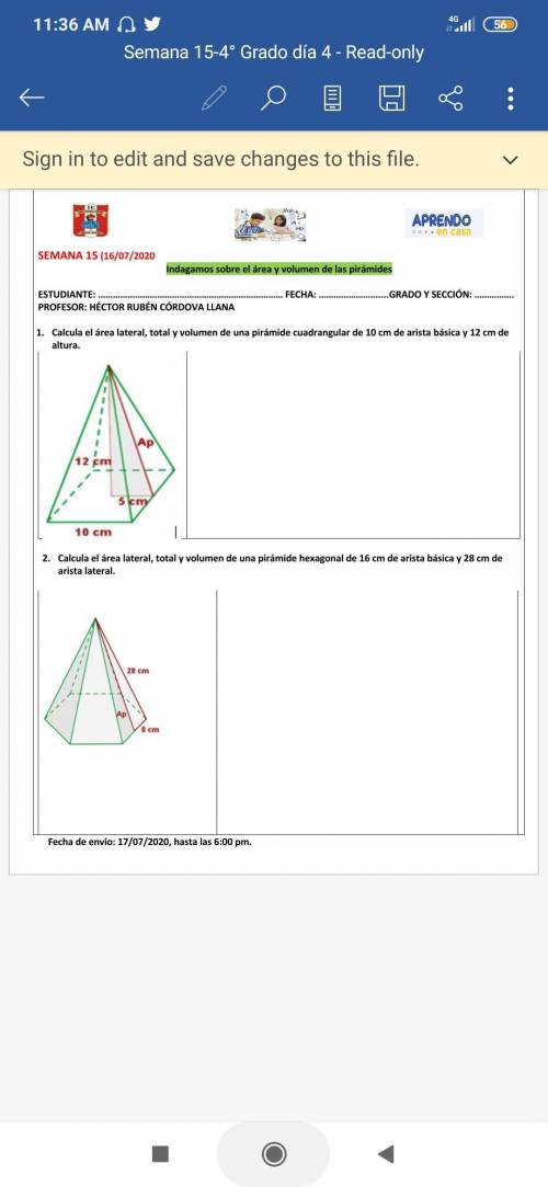 Calcula el area lateral,total y volumen de una piramide hexagonal de 16 cm de arista basica y 28 cm