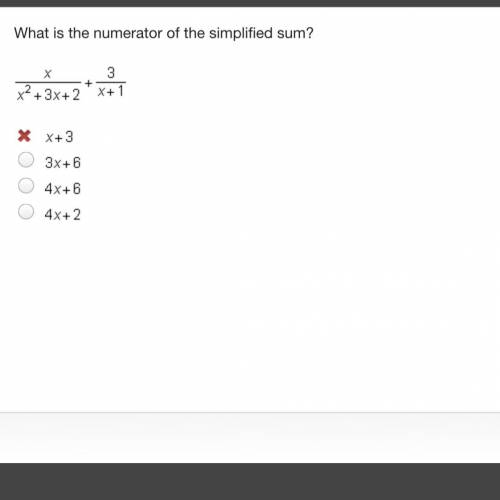 What is the numerator of the simplified sum?

StartFraction x Over x squared + 3 x + 2 EndFraction