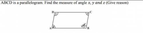 ABCD is a parallelogram. Find the measure of angle , (Give reason)