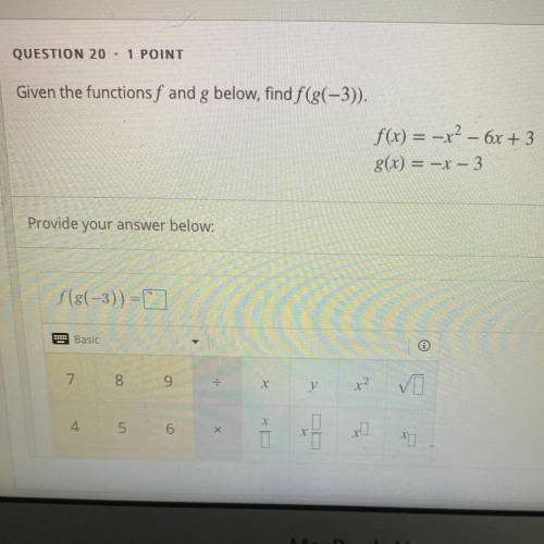 Given the functions f and g below, find f(g(-3)).

 f(x) = -x^2- 6x + 3
g(x) = -x - 3
Provide your