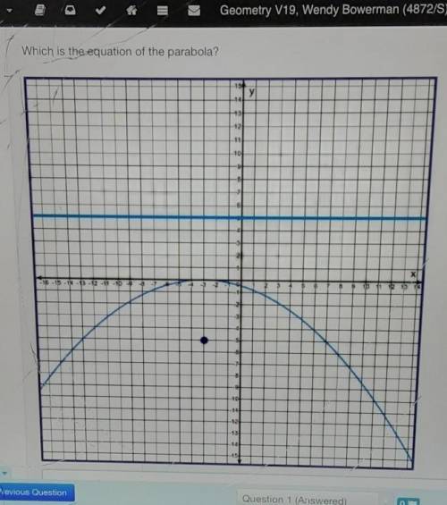 What is the equation of the parabola?

y = - 1/20(x-3)^2y = - 1/20(x+3)^2y = 1/20(x-3)^2 y = 1/20(