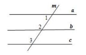 Transversal m intersects lines a, b, and c such that m∠1=42° and m∠2=140° and m∠3=138°. Which lines