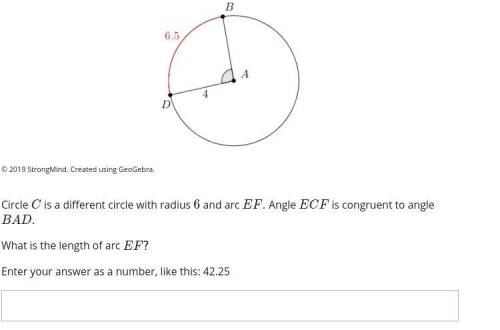 Examine the diagram of circle A. Circle A has a radius of 4 and arc BD has length of 6.5. Circle C