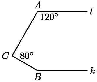 Lines L and K are parallel to each other. Measure of angle A= 120 degrees, and measure of angle C=