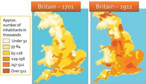Based on the population density maps above, what is true about Britain’s population over time? A. I