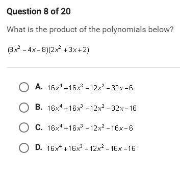 What is the product of the polynomials below? (8x^2-4x-8) (2x^2+3x+2)
