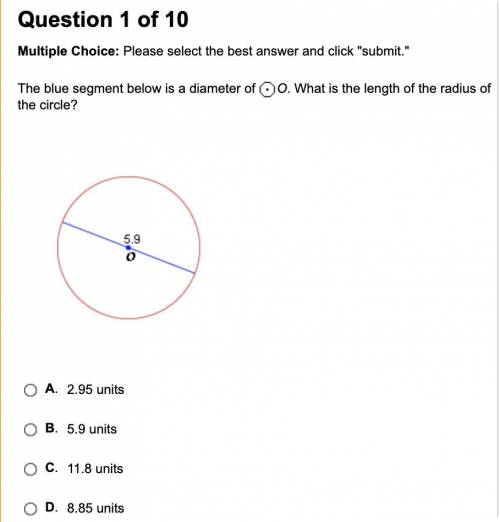 The blue segment below is a diameter of O. What is the length of the radius of the circle?