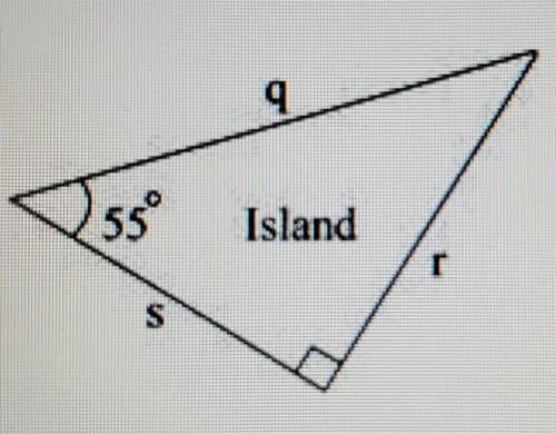 The picture shows a triangular island:

Which expression shows the value of q?A. r cos 550B. r sin