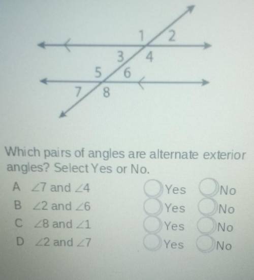 Which pairs of angles are alternate exterior angles? select yes or no