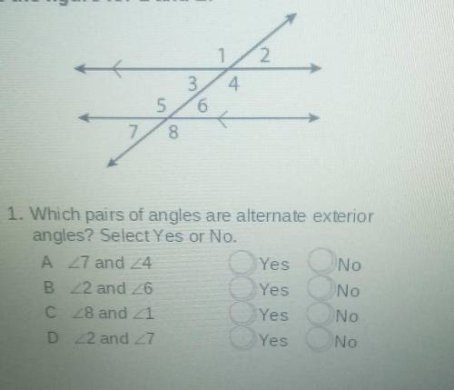 Which pairs of angles are alternate exterior angles? select yes or no