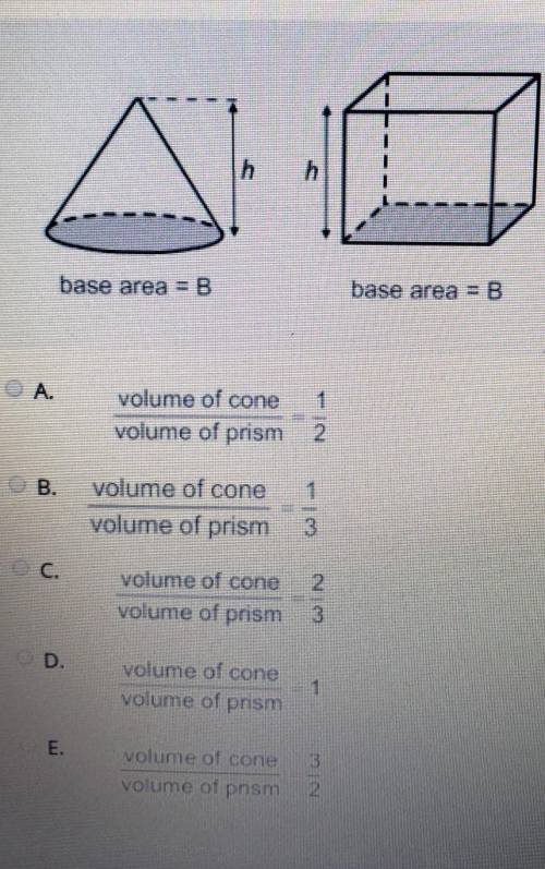 The cone in the diagram has the same height and base area as the prism. What is the ratio of the vo