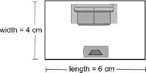 A scale drawing of Jimmy's living room is shown below:

If each 2 cm on the scale drawing equals 8