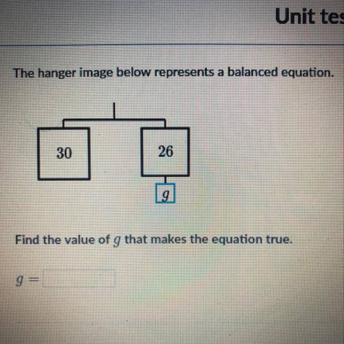 The hanger image below represents a balanced equation.

30
26
Find the value of g that makes the e