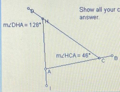 The sketch shows a triangle and its

exterior angles. Find the measure of
angle IAC.
Show all your