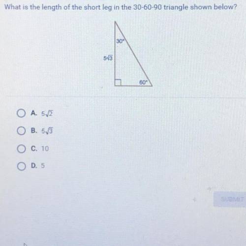 What is the length of the short leg in the 30-60-90 triangle shown below?
