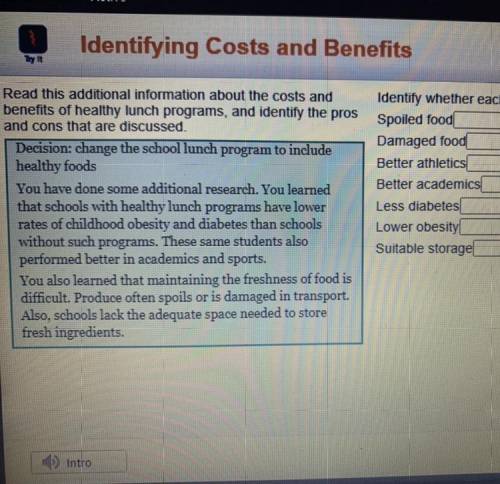Identify whether each is a cost or a benefit.

-Spoiled food
-Damaged food
-Better athletics
-Bett