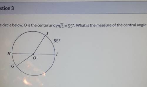 In the circle below, O is the center and mJL = 55°. What is the measure of the central angle JOI?