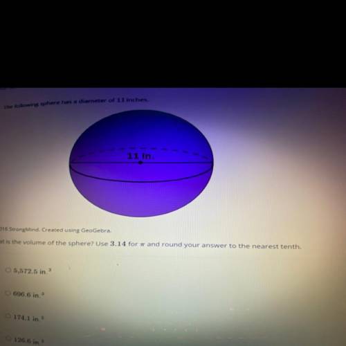 Hurry help plz exam 05 :The following sphere has a diameter of 11 inches.

What is the volume of t
