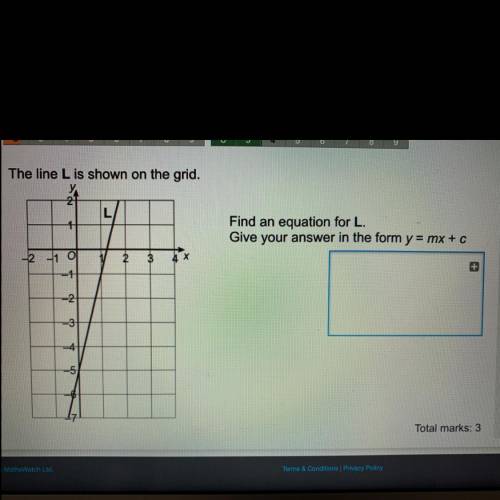 The line L is shown on the grid. Find an equation for L. Give your answer in the form y=mx+c