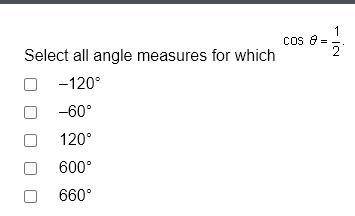 Select all angle measures for which cos0= 1/2