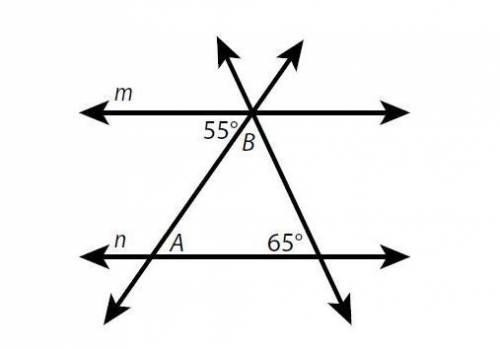 Lines m and n are parallel, as shown in the diagram below. What are the measures of angles A and B?