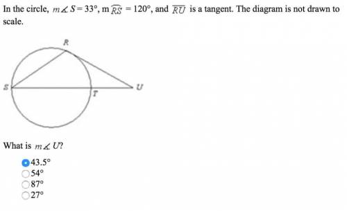 in the circle, m∠S=33°, mRS=120, and RU is a tangent. the diagram is not drawn to scale. what is m∠
