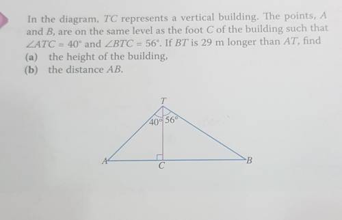 In the diagram, TC represents a vertical building. The points, A and B, are on the same level as th