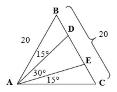 In △ABC, AB = BC = 20 and DE ≈ 9.28. Approximate BD.
