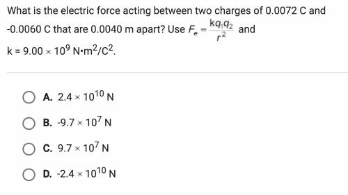 What is the electric force acting between two charges of 0.0072 C and -0.0060 C that are 0.0040 m a