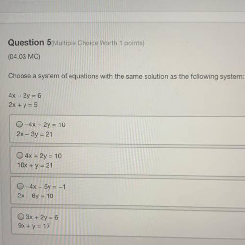 Choose a system of equations with the same solution as the following system