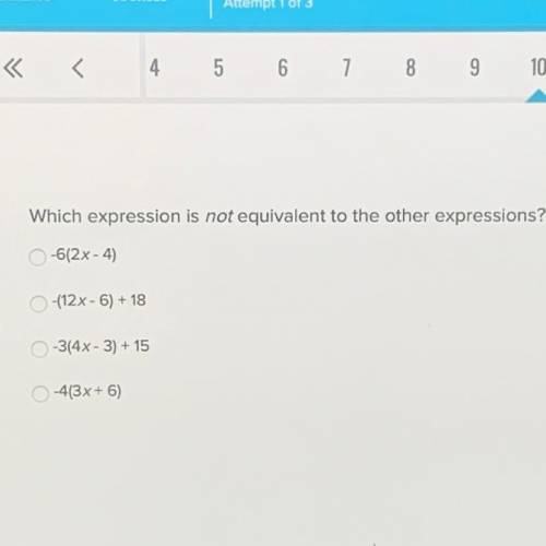 Which expression is not equivalent to the other expressions?

-6(2x-4)
-(12x-6)+18
-3(4x-3)+15
-4(