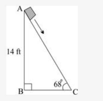PLEASE ANSWER FAST The picture below shows a box sliding down a ramp: What is the distance,
