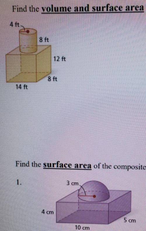 1) Find the volume and surface area of the composite figure below

2) Find the surface area of the