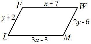FWML is a parallelogram. Find the values of x and y. Solve for the value of z, if z=x−y.