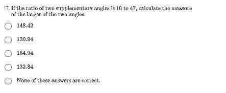 If the ratio of two supplementary angles is 10 to 47, calculate the measure of the larger of the tw