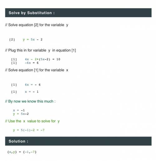 4x +2y=10
y=-5x - 4
find the solution