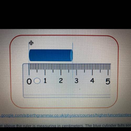 In the image above the ruler is measuring in centimeters. The blue cylinder falls somewhere between