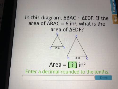 In this diagram, bac~edf. if the area of bac= 6 in.², what is the area of edf? PLZ HELP PLZ PLZ PLZ