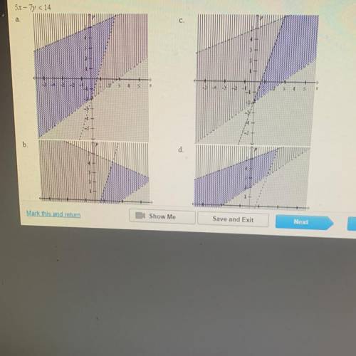 Solve the system of inequalities by graphing.
2x+ 5y <25
y < 3x - 2
5x - 7 <14